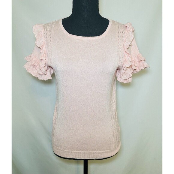 Mimi +‎ Daphne Pink Short Sleeve Ruffled Sweater Top Thin Semi Sheer Women's M - Picture 1 of 10